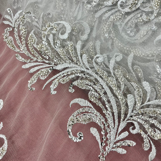 Beaded Lace Fabric Embroidered on 100% Polyester Net Mesh | Lace USA-GD-13267