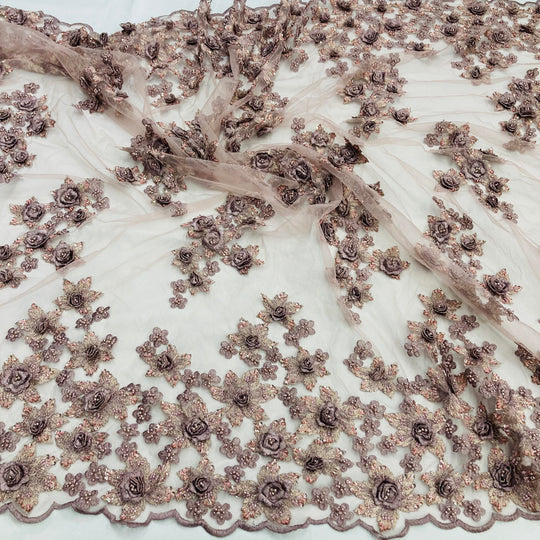 3D Floral Embroidered & Beaded Net Fabric with Beads. Lace USA