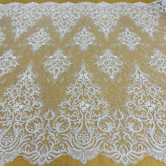 Beaded & Corded Bridal Lace Fabric Embroidered on 100% Polyester Net Mesh | Lace USA - GD-12266 White