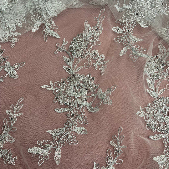 Beaded & Corded Bridal Fabric Lace Embroidered on 100% Polyester Net Mesh | Lace USA