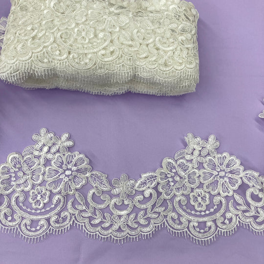 Corded Lace Trimming Embroidered on Poly. Net Mesh. Lace USA