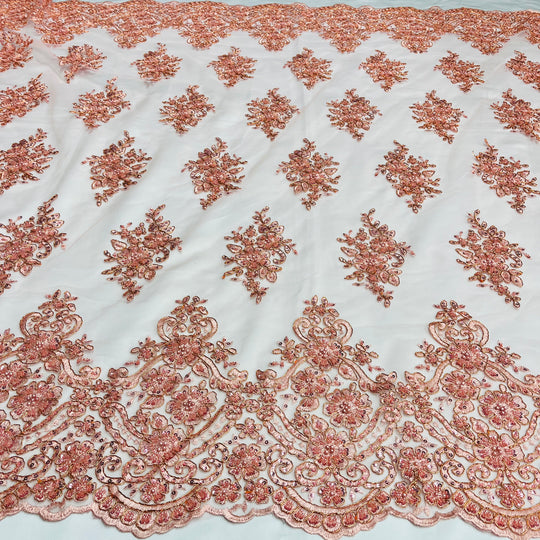 Beaded Corded Lace Fabric With Scallops Embroidered on 100% Poly Metallic | Lace USA