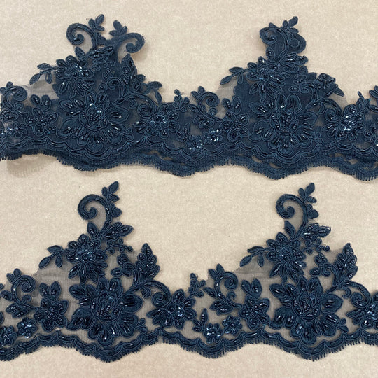 Corded & Beaded Floral Lace Trimming Embroidered on 100% Polyester Net Mesh. Lace Usa