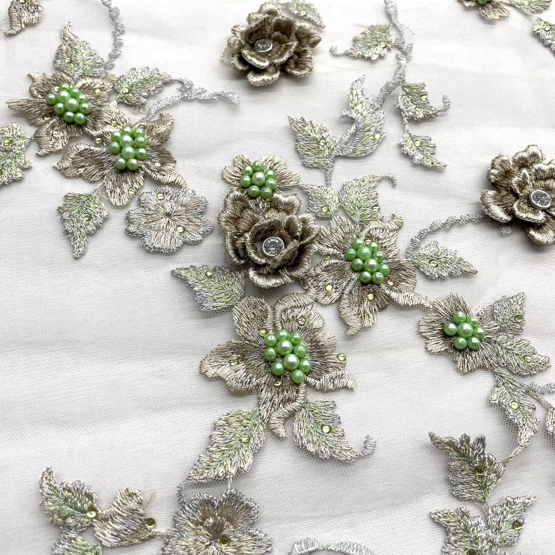 Beaded 3D Floral Lace Fabric Embroidered on 100% Polyester Net Mesh | Lace USA