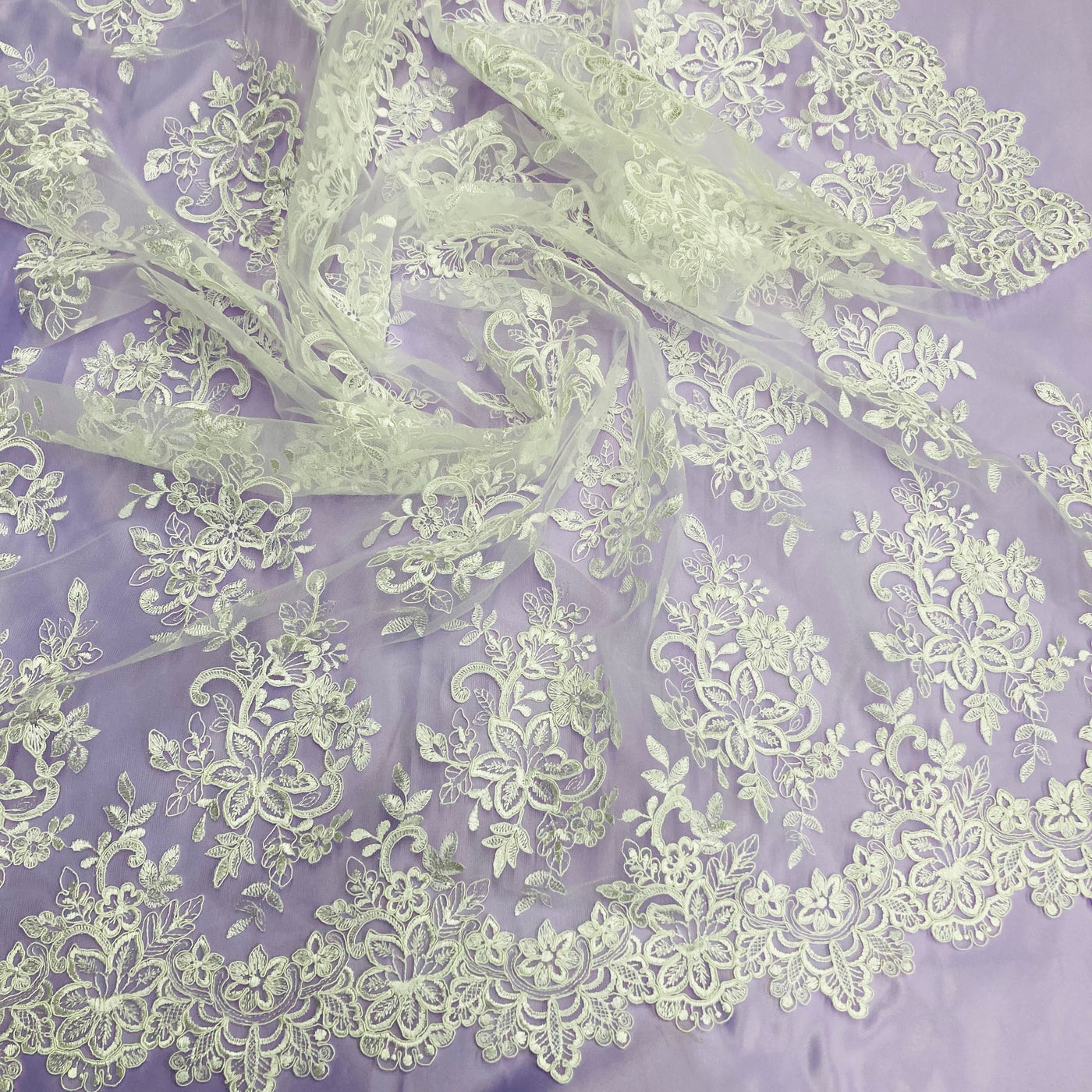 Corded Bridal Lace Fabric Embroidered on 100% Polyester Net Mesh. Lace USA