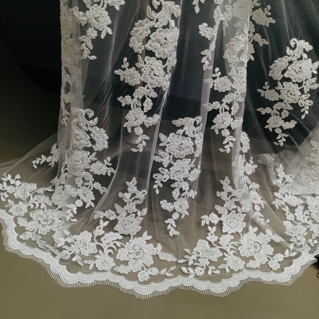 Corded & Beaded Bridal Lace Fabric Embroidered on 100% Polyester Net Mesh. Lace USA