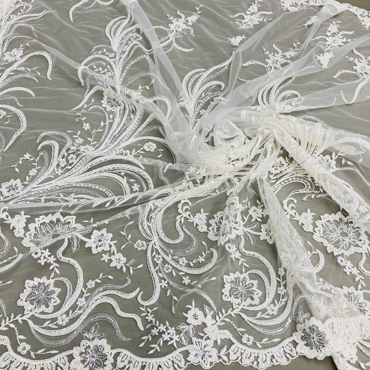 Beaded & Corded Bridal Lace Fabric Embroidered on 100% Polyester Net Mesh | Lace USA