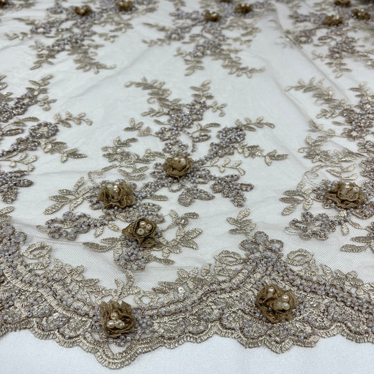 Beaded Double Sided 3D Floral Lace Trimming Embroidered on 100% Polyester Net Mesh | Lace USA