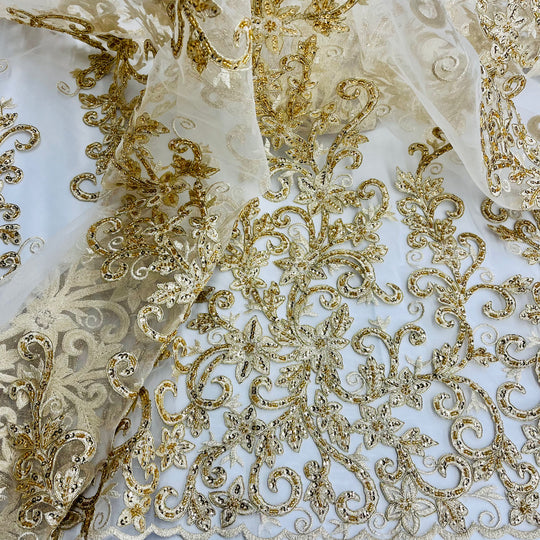 Beaded & Corded Bridal Fabric Lace Embroidered on 100% Polyester Net Mesh | Lace USA