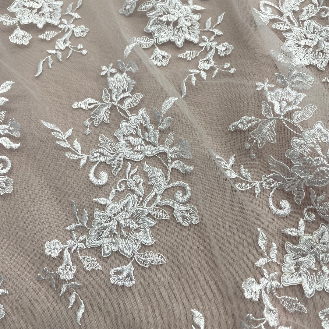 Corded Bridal Lace Fabric Embroidered on 100% Polyester Net Mesh | Lace USA