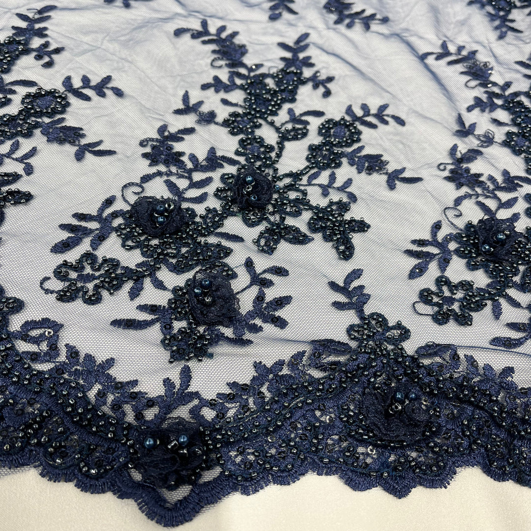 Beaded Double Sided 3D Floral Lace Trimming Embroidered on 100% Polyester Net Mesh | Lace USA