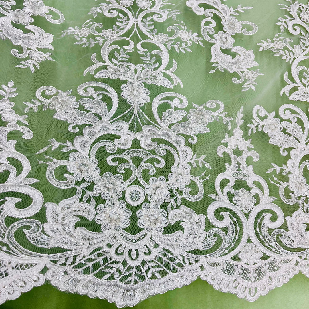 97213W-SB-Beaded & Corded Bridal Fabric Lace Embroidered on 100% Polyester Net Mesh | Lace USA