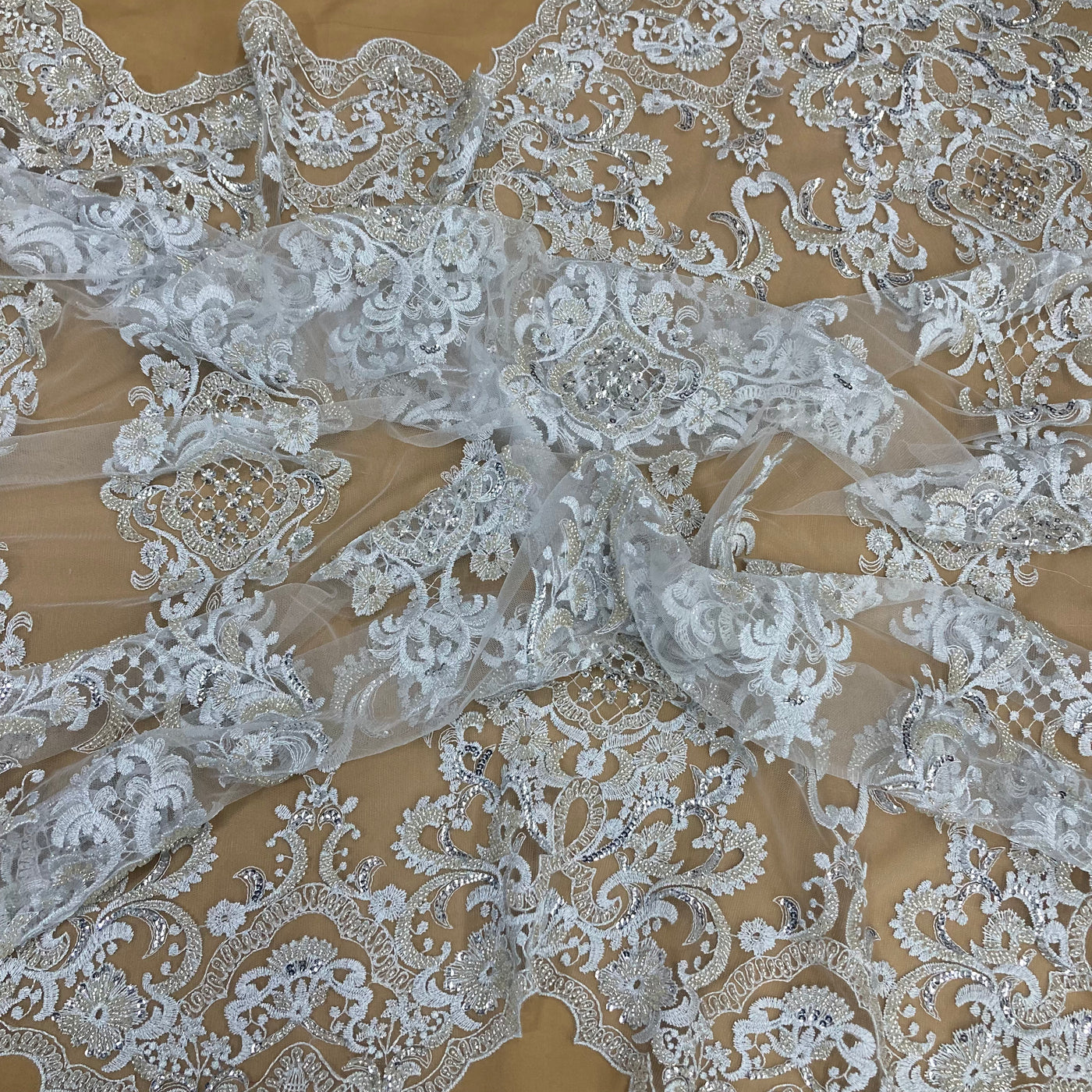 Beaded Lace Fabric Embroidered on 100% Polyester Net Mesh | Lace USA - 73027W-HB