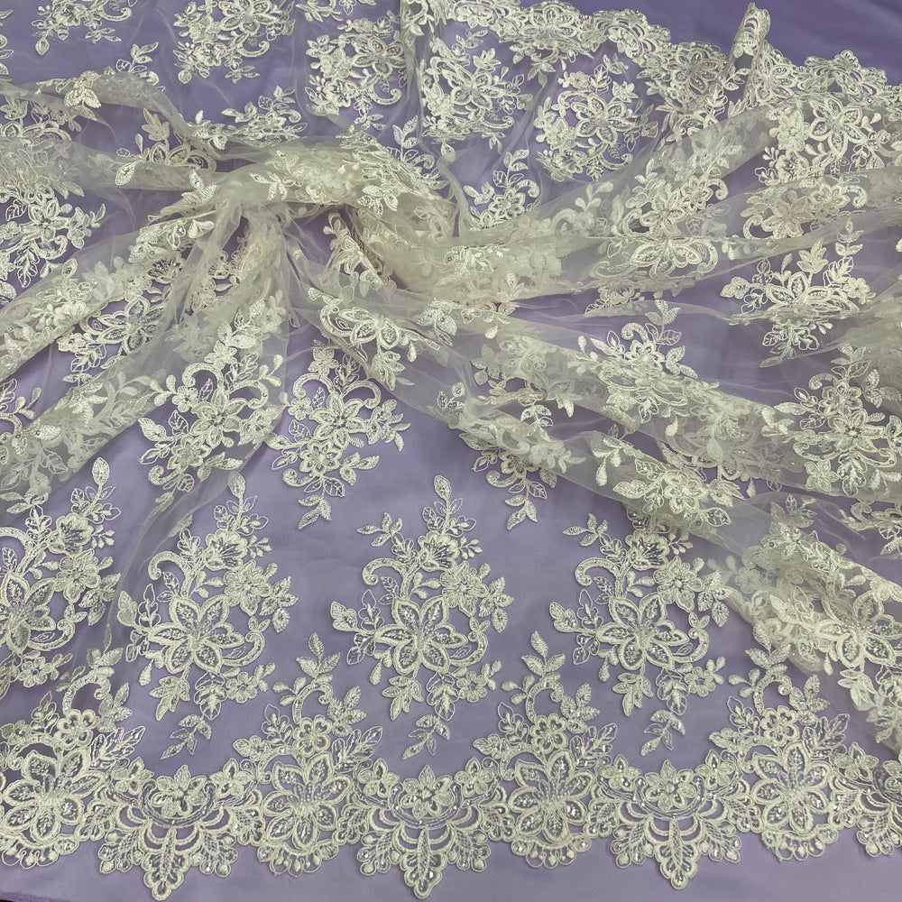 Corded & Beaded Bridal Lace Fabric Embroidered on Net Mesh. Lace USA