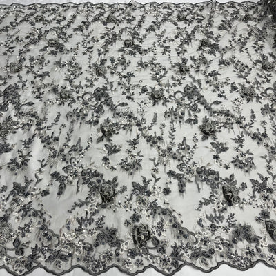 Beaded & Rhinestone 3D Floral Lace Fabric Embroidered on 100% Polyester Net Mesh | Lace USA