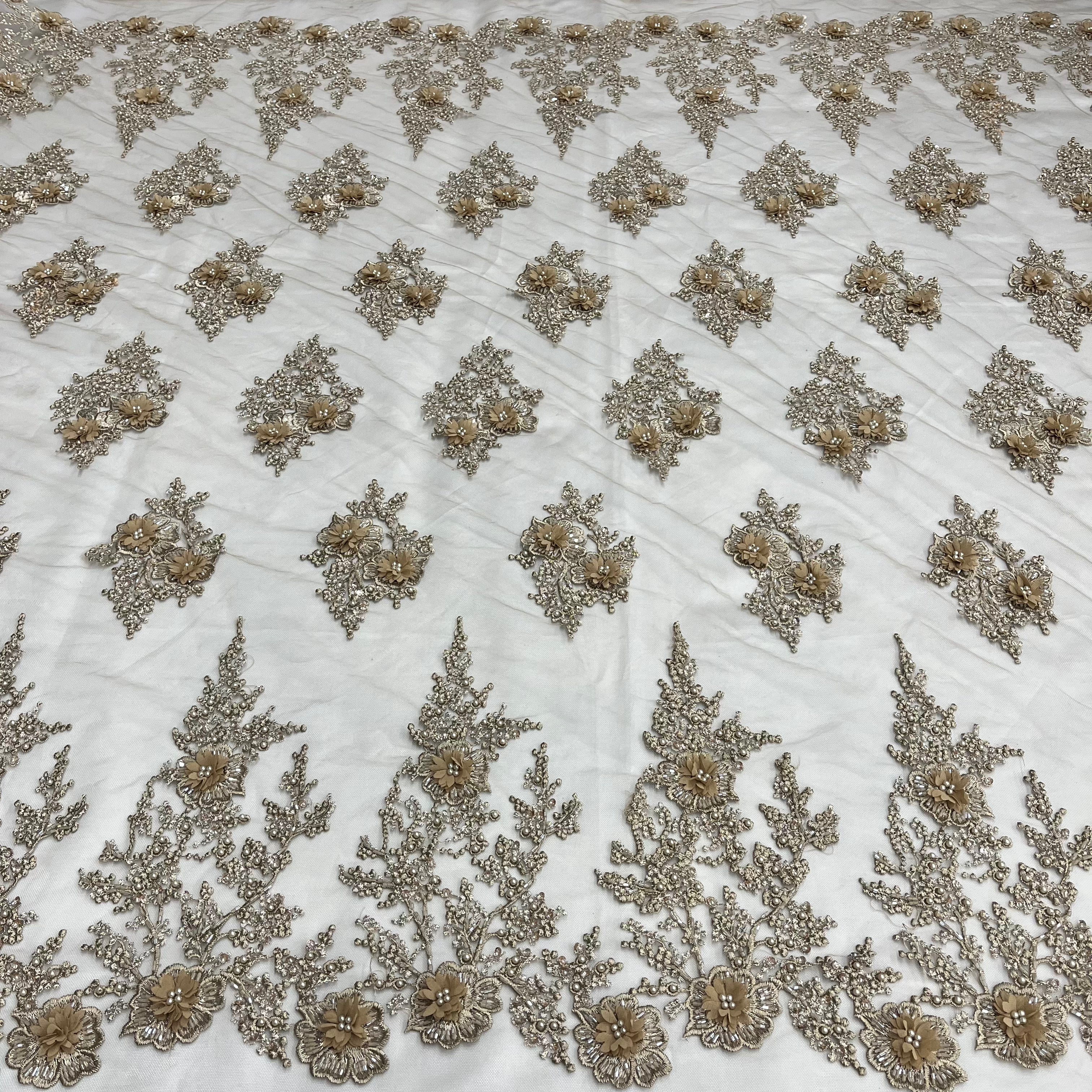 Beaded 3D Floral Lace Fabric Embroidered on 100% Polyester Net Mesh | Lace USA