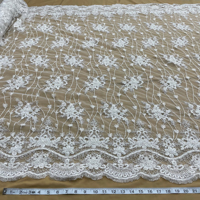 Beaded & Corded Bridal Lace Fabric Embroidered on 100% Polyester Net Mesh | Lace USA