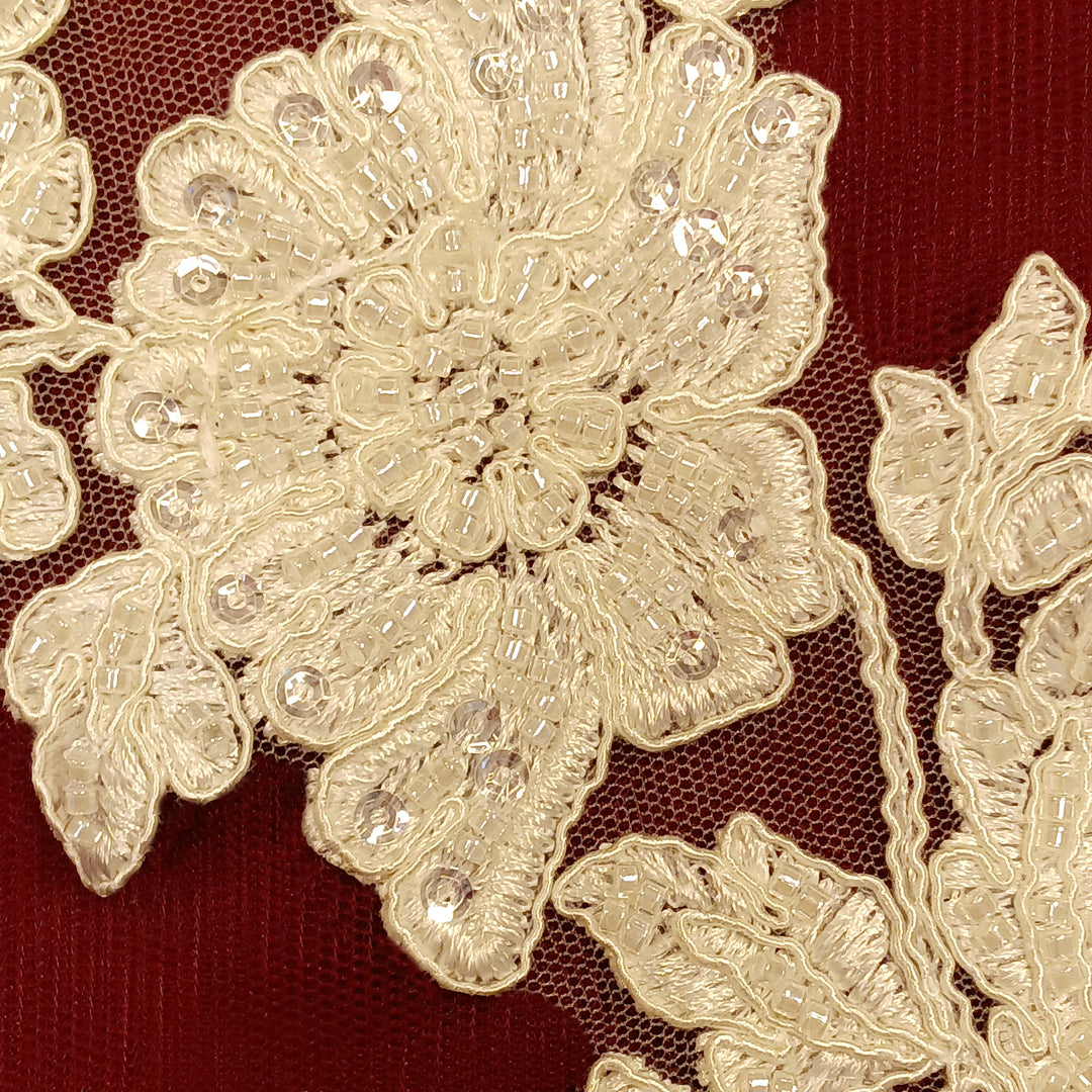 Beaded & Corded Ivory Floral Appliqué Lace Embroidered on 100% Polyester Organza or Net Mesh. This can be applied to Theatrical dance ballroom costumes, bridal dresses, bridal headbands endless possibilities.  Sold By Pair.  Lace Usa