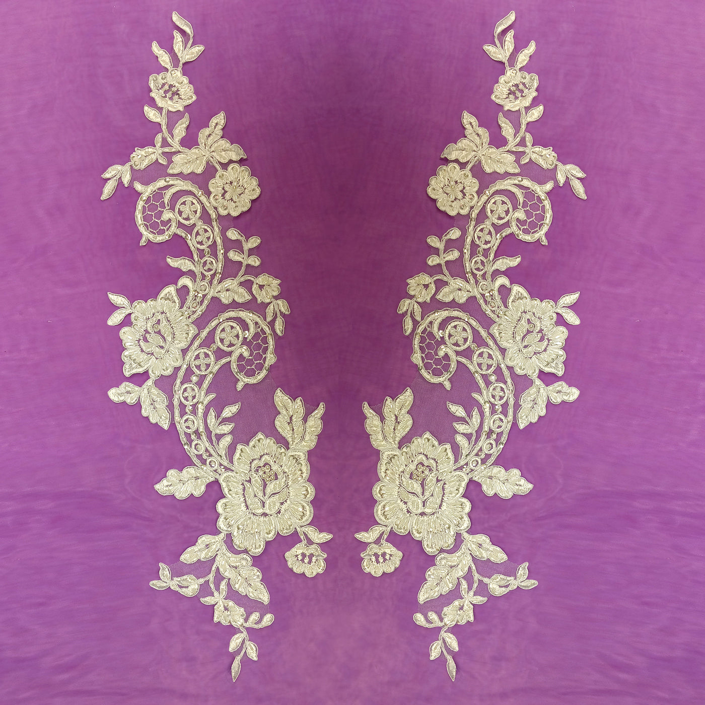 Beaded & Corded Floral Appliqué Lace Embroidered on 100% Polyester Organza or Net Mesh. This can be applied to Theatrical dance ballroom costumes, bridal dresses, bridal headbands endless possibilities.  Sold By Pair  Lace Usa