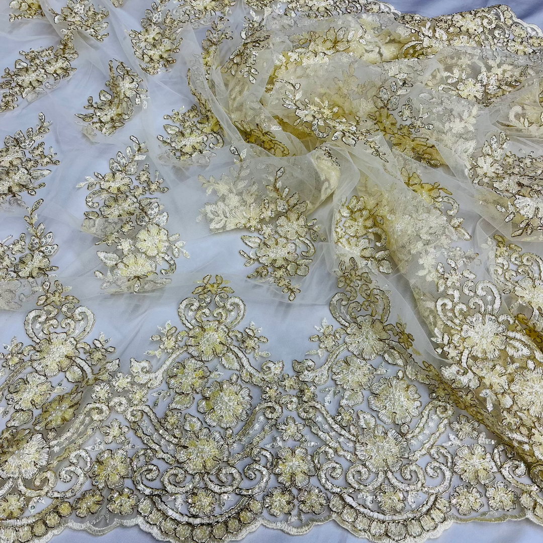 Beaded Corded Lace Fabric With Scallops Embroidered on 100% Poly Metallic | Lace USA