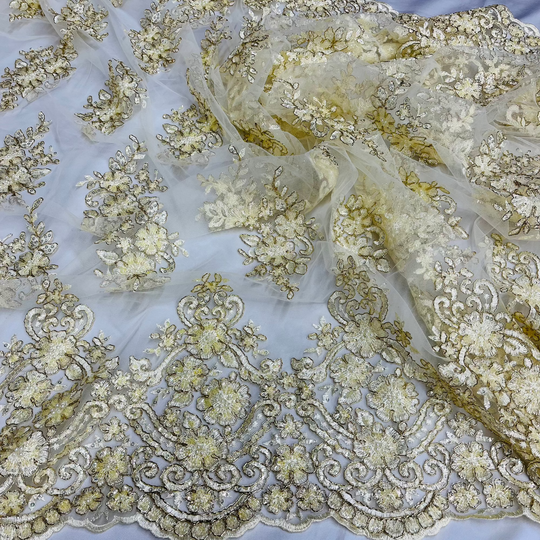 Beaded Corded Lace Fabric With Scallops Embroidered on 100% Poly Metallic | Lace USA