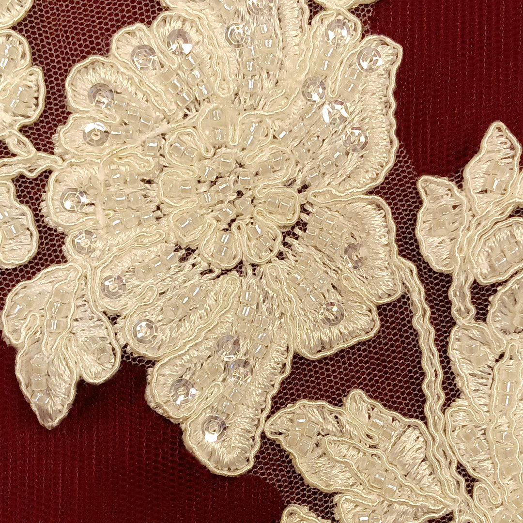 Beaded & Corded White Floral Appliqué Lace Embroidered on 100% Polyester Organza or Net Mesh. This can be applied to Theatrical dance ballroom costumes, bridal dresses, bridal headbands endless possibilities.  Sold By Pair.  Lace Usa